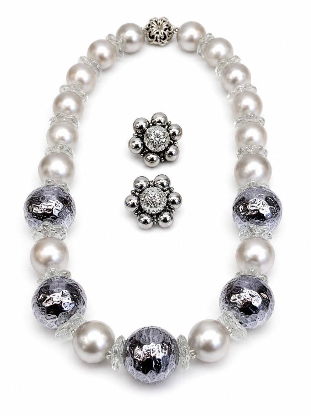 D'Orlans Gorgeous Pearl and Silver Floral Necklace Set White and Silver